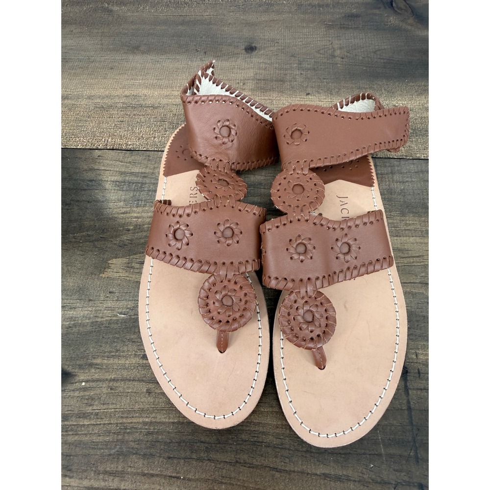 Jack Rogers Cognac Brown Leather Whipstitch Gladiator Thong Sandals Womens 7M - Picture 9 of 10